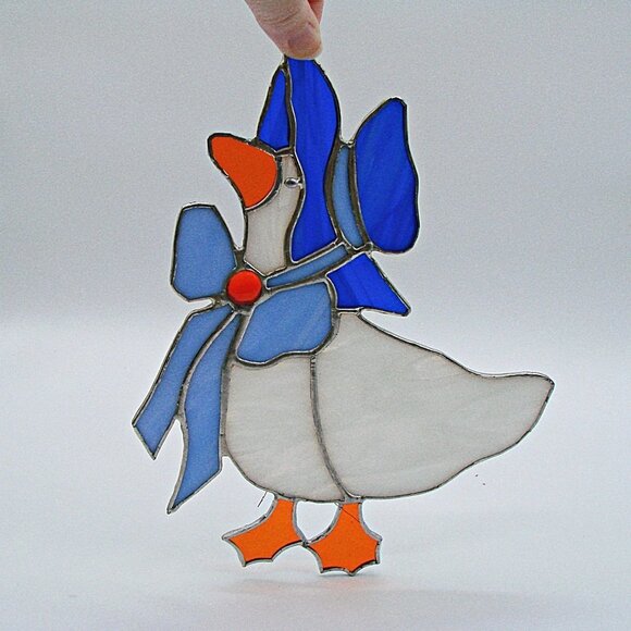 Stained Glass Goose Mother Goose Suncatcher Hanging Window Decor Blue White 7.5" - Picture 2 of 9